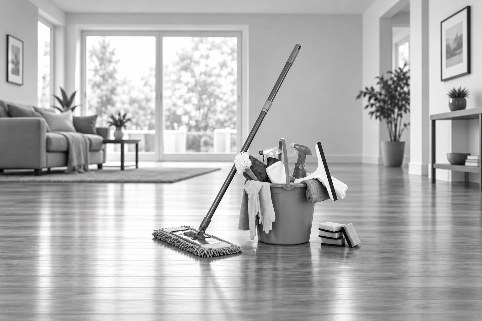 Mop and neatly arranged cleaning supplies in a bright, spacious home photographed in black and white