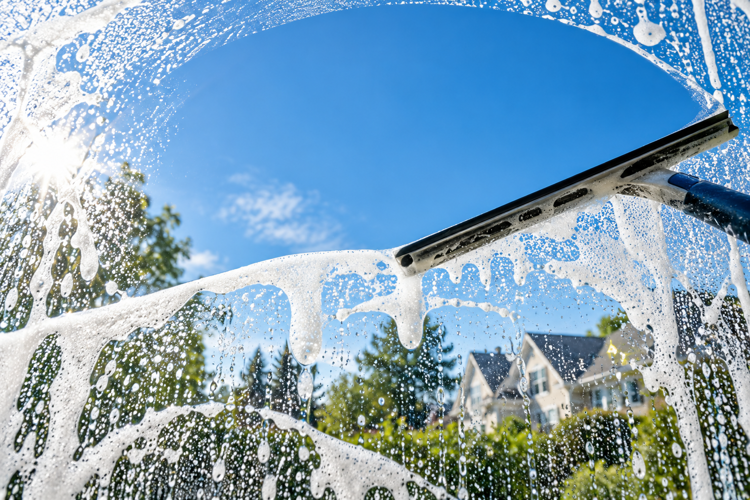 Professional squeegee cleaning a bright residential window
